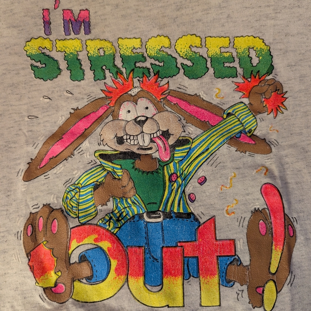 Vintage Kids I'm Stressed Out! Bunny Rabbit Graphic T-Shirt Gray Unisex Small